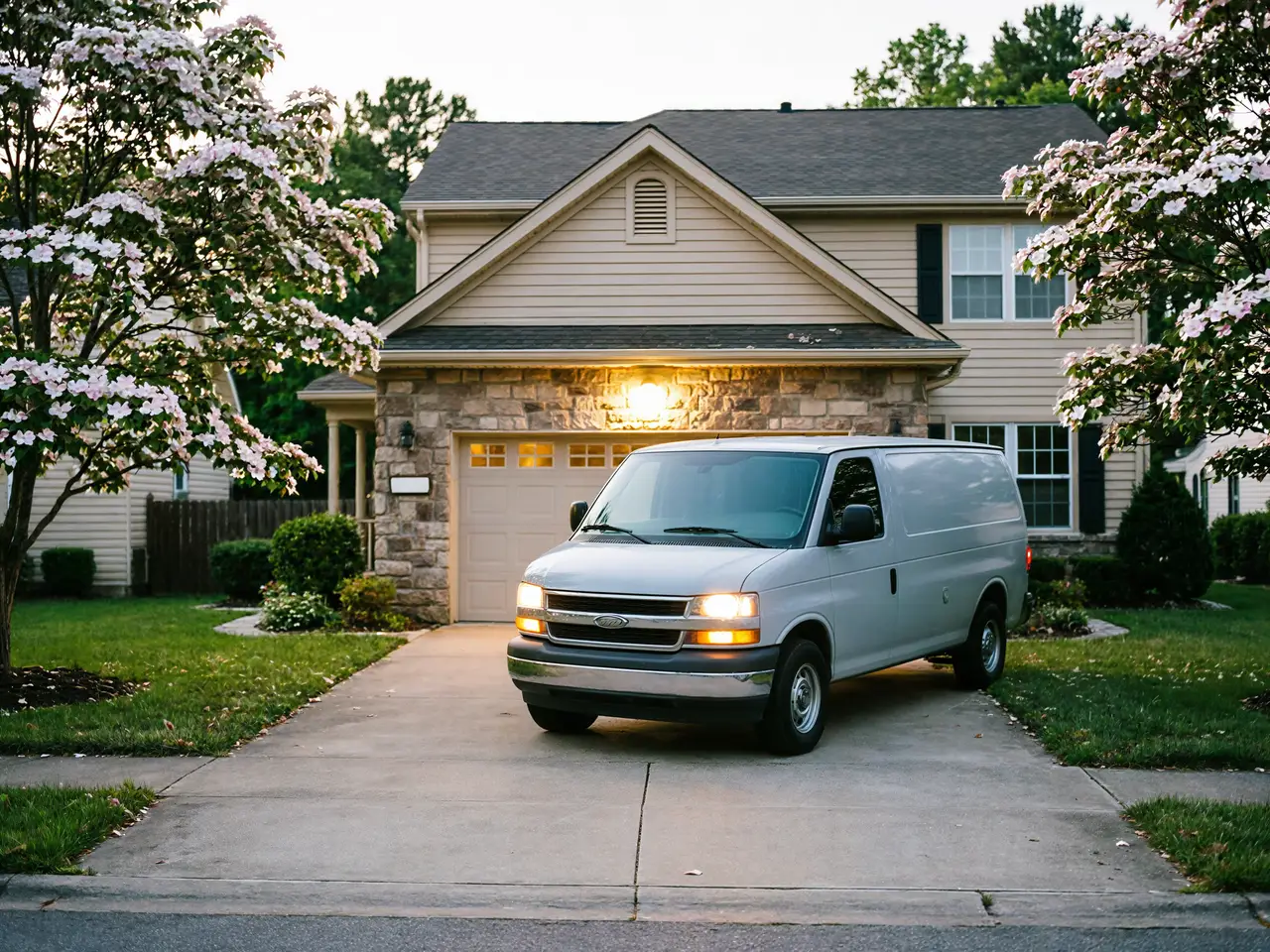 A gray van is parked in the driveway of a house with a garage.