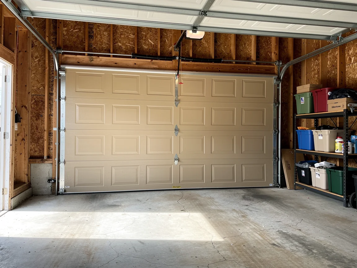 The beige garage door is closed, with a torsion spring and opener visible above.
