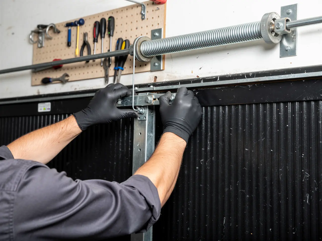 A technician in black gloves works on a garage door cable and roller.