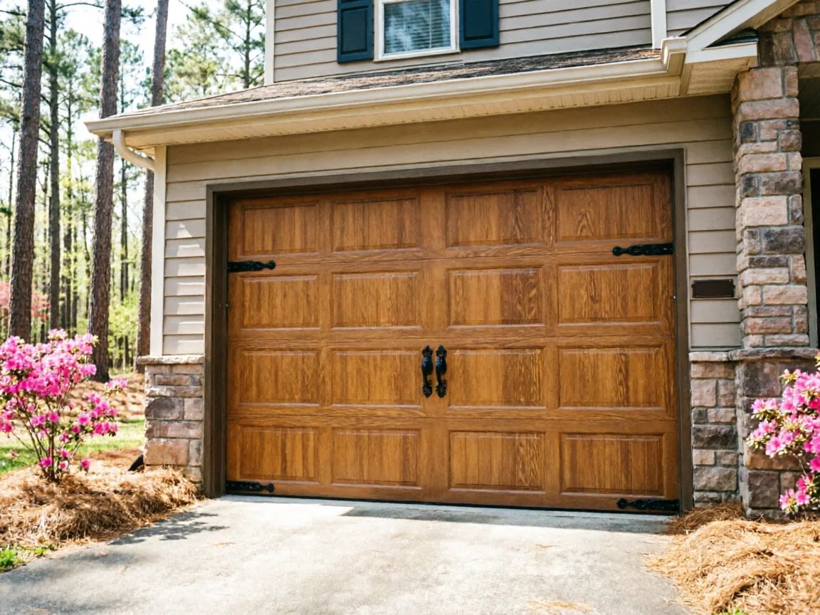 A brown wooden garage door with decorative black hardware is on a house.
